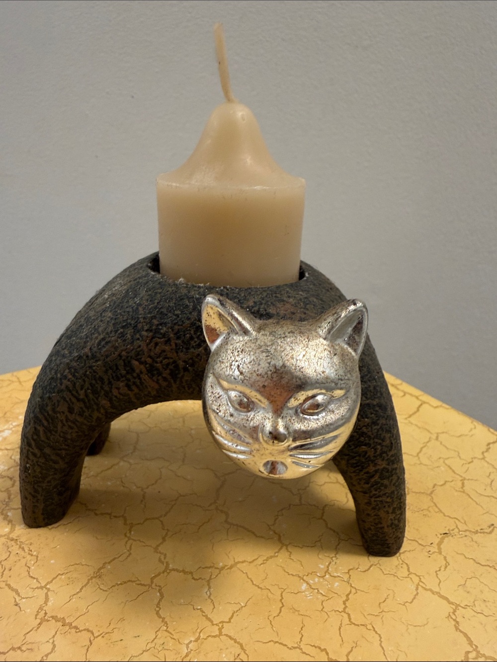 Decorative Black Cat Candle Holder with Silver Cat Face